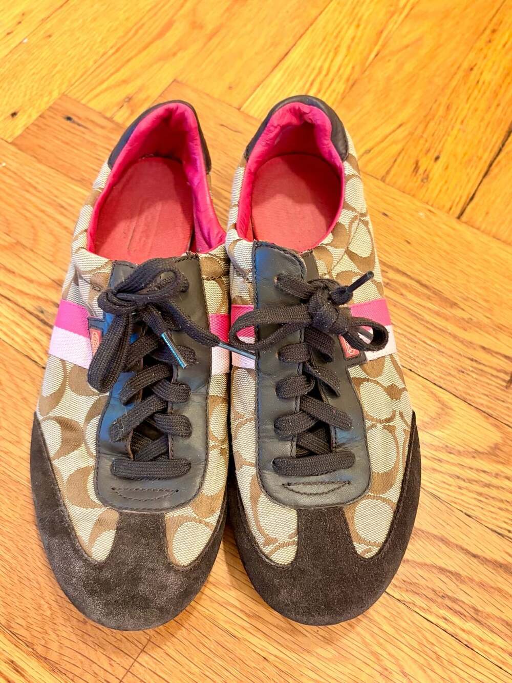 Coach Signature Stripe Sneakers Brown Pink Suede Canvas Y2K Logo Size 9.5